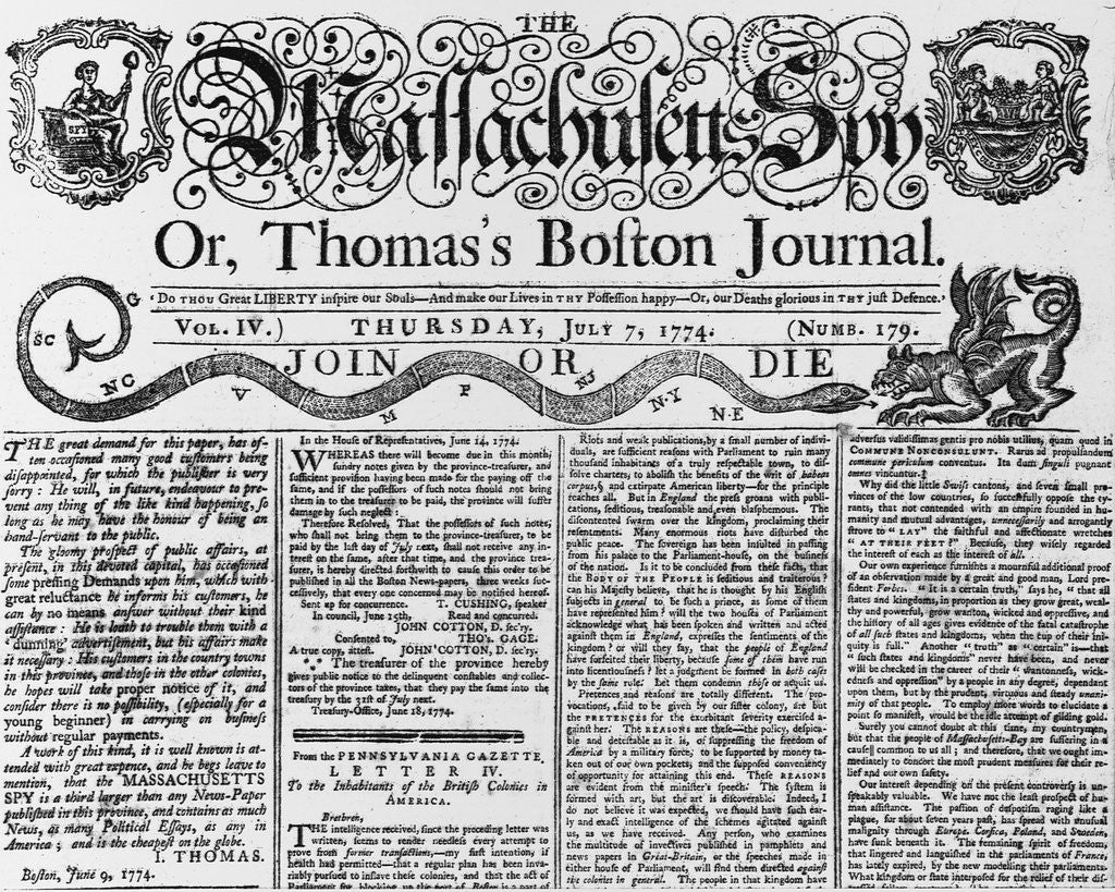 Detail of Join Or Die Issue of Massachusetts Sun by Anonymous