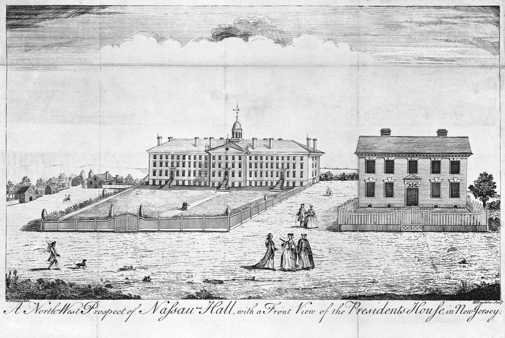 Detail of A North-West Prospect of Nassau Hall With Front View of the Presidents House in New Jersey by Henry Dawkins