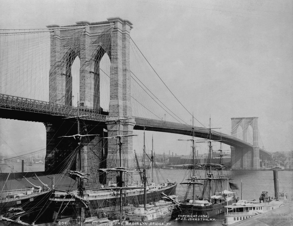 Detail of Brooklyn Bridge and Sailing Ships by Anonymous