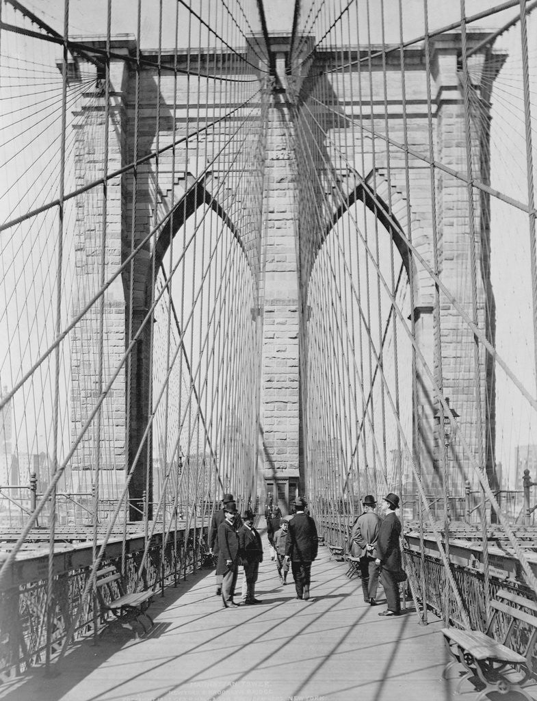 Detail of New York and Brooklyn Bridge; (People standing and walking on) Manhattan Tower by George P. Hall