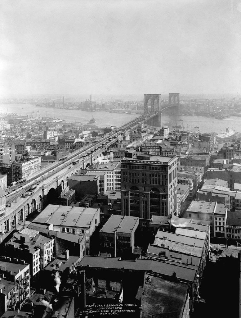 Detail of New York and Brooklyn Bridge; (Bird's-eye view) by George P. Hall
