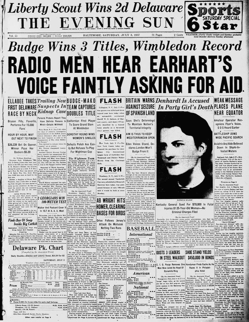 Detail of Front Page of Newspaper Reporting on Amelia Earhart Disappearance by Anonymous