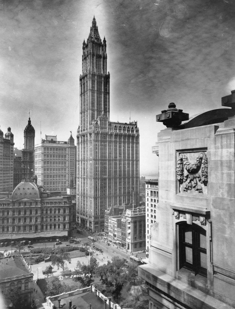 Detail of Woolworth Building and Relief Sculpture on Building Side by Anonymous