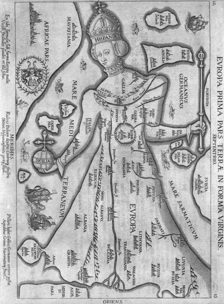 Detail of German Engraving Map of Europe in the Figure of Queen Elizabeth I by Corbis