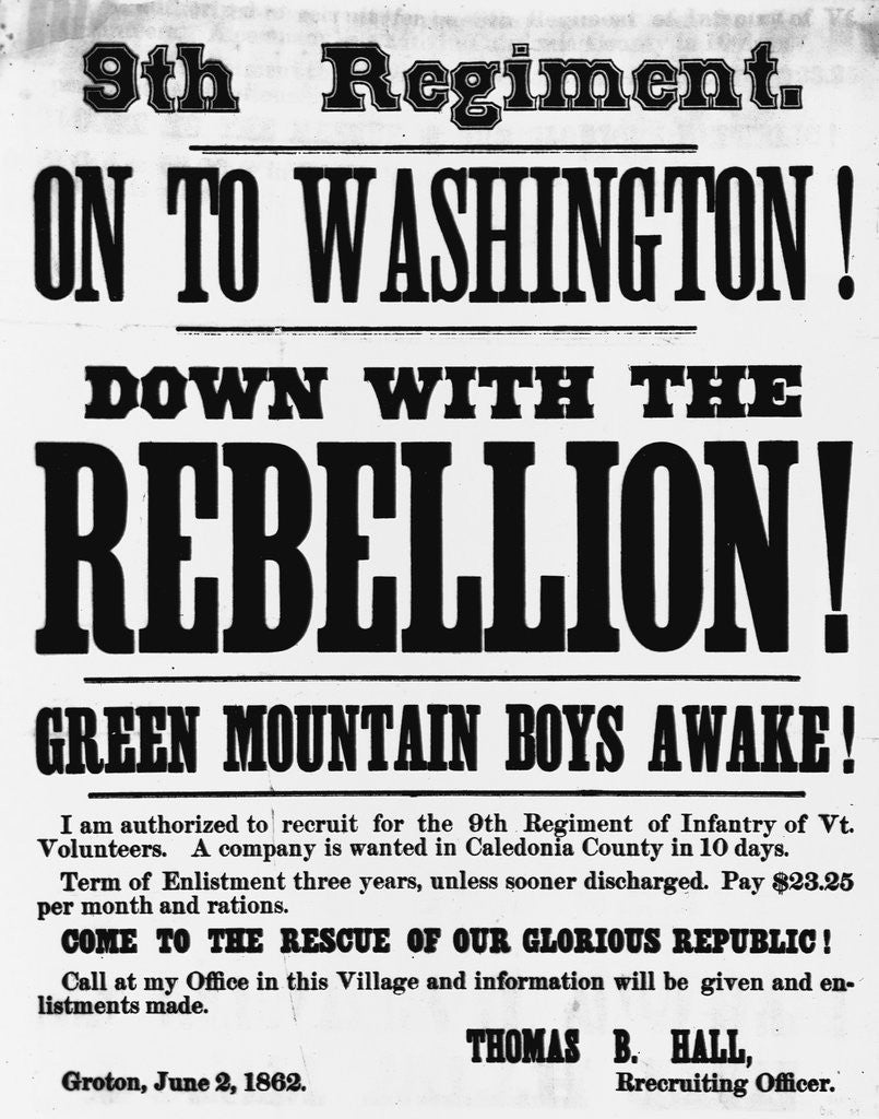 Detail of Civil War Poster Seeking Vermont 9th Infantry Recruits by Anonymous