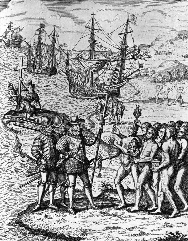 Detail of Eighteenth Century Etching of Christopher Columbus on Hispanola by Anonymous