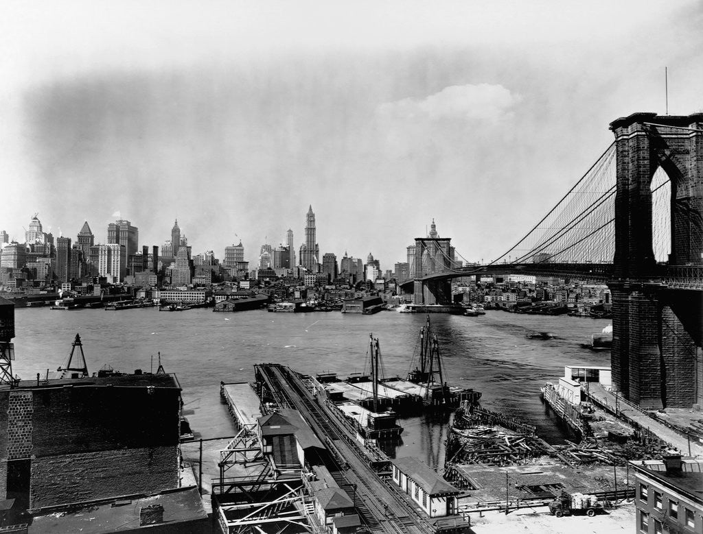Detail of Manhattan Skyline, East River and Brooklyn Bridge by Anonymous