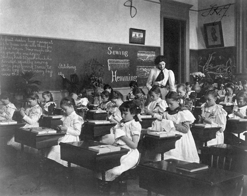 Detail of Elementary School Girls Learning Sewing by Anonymous