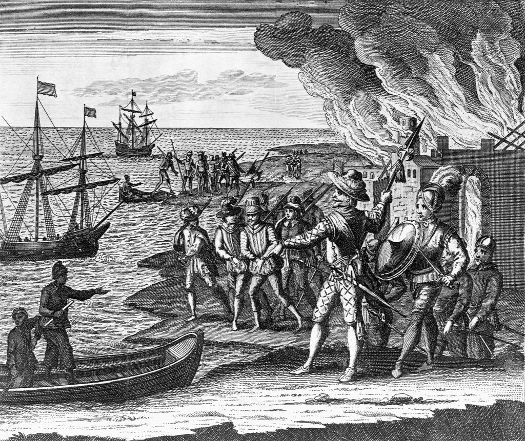 Detail of Engraving of Sir Walter Raleigh's Conquest of St. Joseph on Trinidad by Anonymous