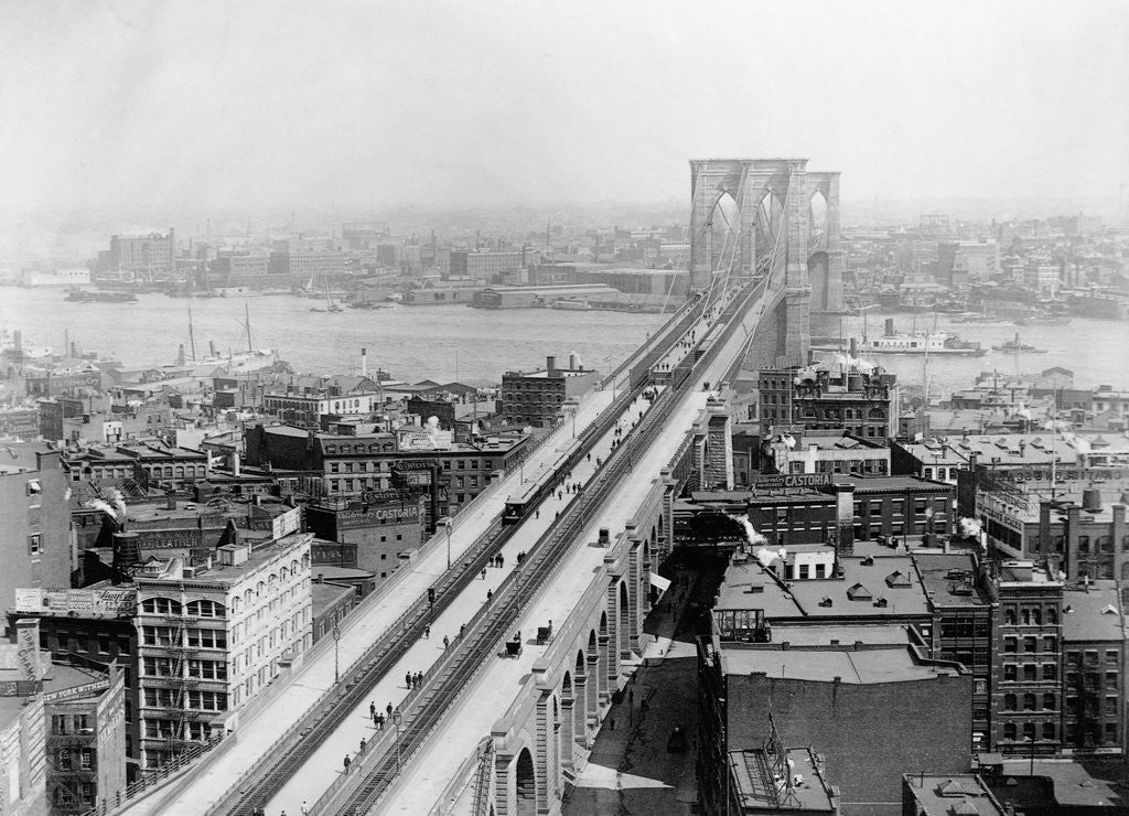 Detail of Pedestrians Crossing East River Using Brooklyn Bridge by Anonymous
