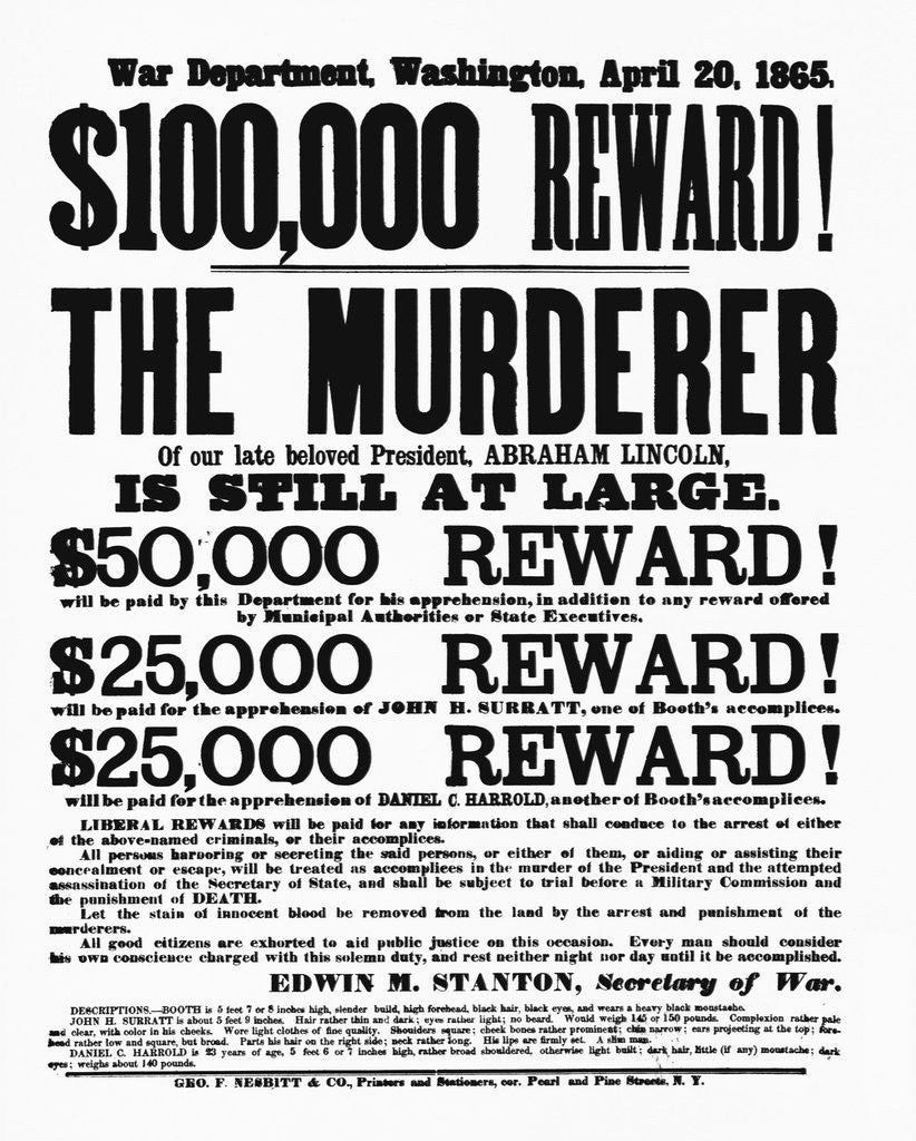 Detail of Lincoln Assassination Reward Poster by Corbis