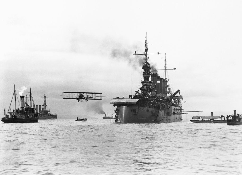 Detail of Biplane Flying from Armored Cruiser by Anonymous