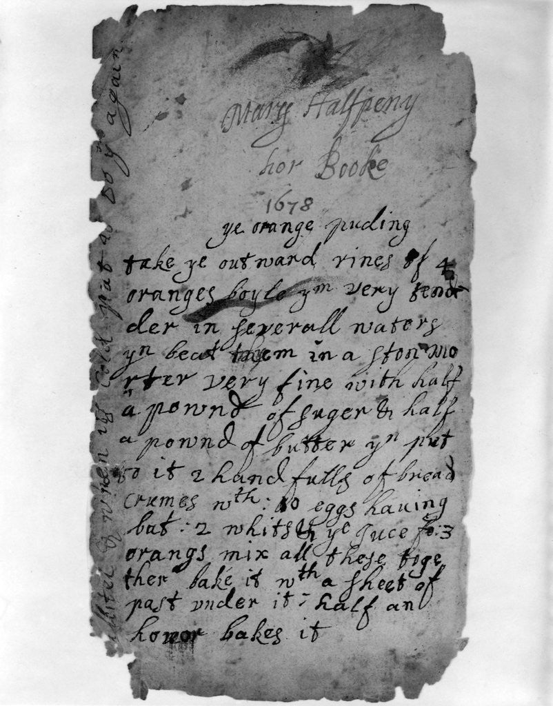 Detail of English Recipe for Orange Pudding from 1678 by Anonymous