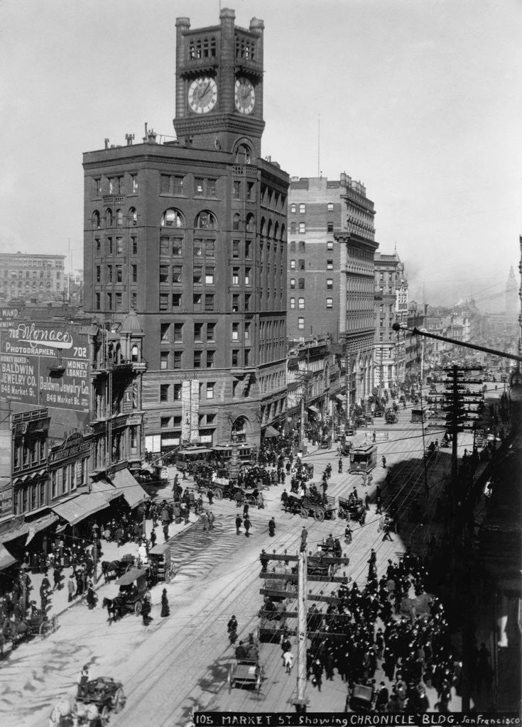 Detail of Chronicle Building Clock Tower Dominates Market Street by Corbis