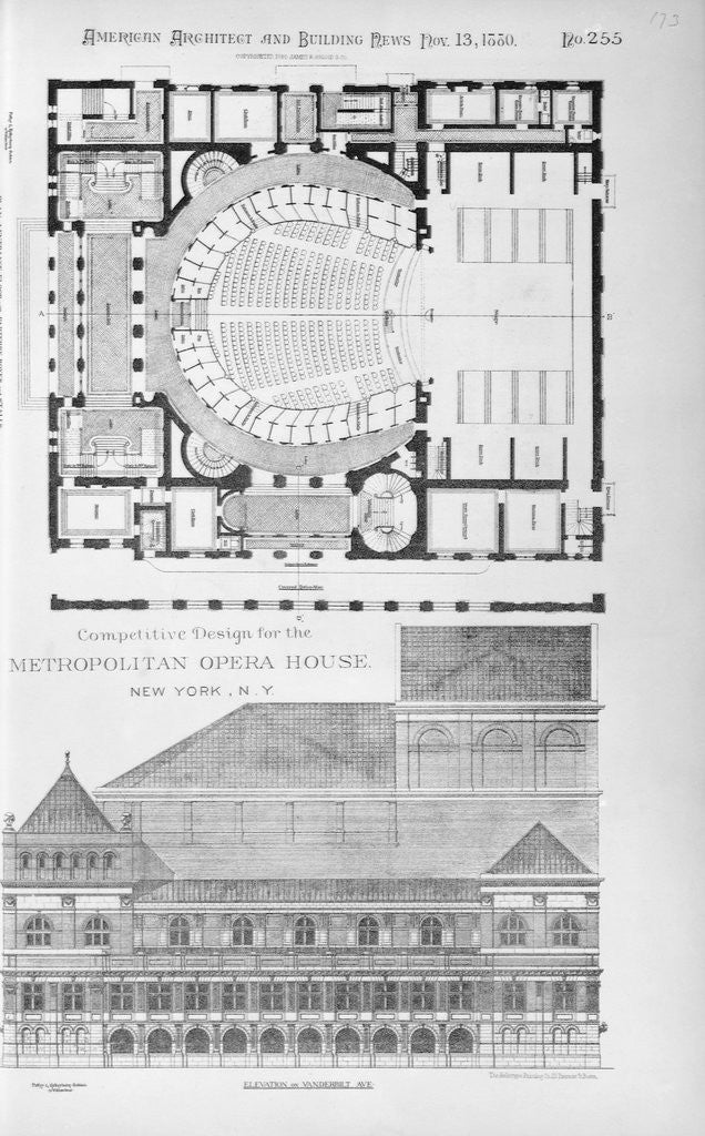 Detail of Competitive Design for the Metropolitan Opera House, New York, N.Y. Composite of 3 architectural drawings in American Architect and Building and Building News by Anonymous