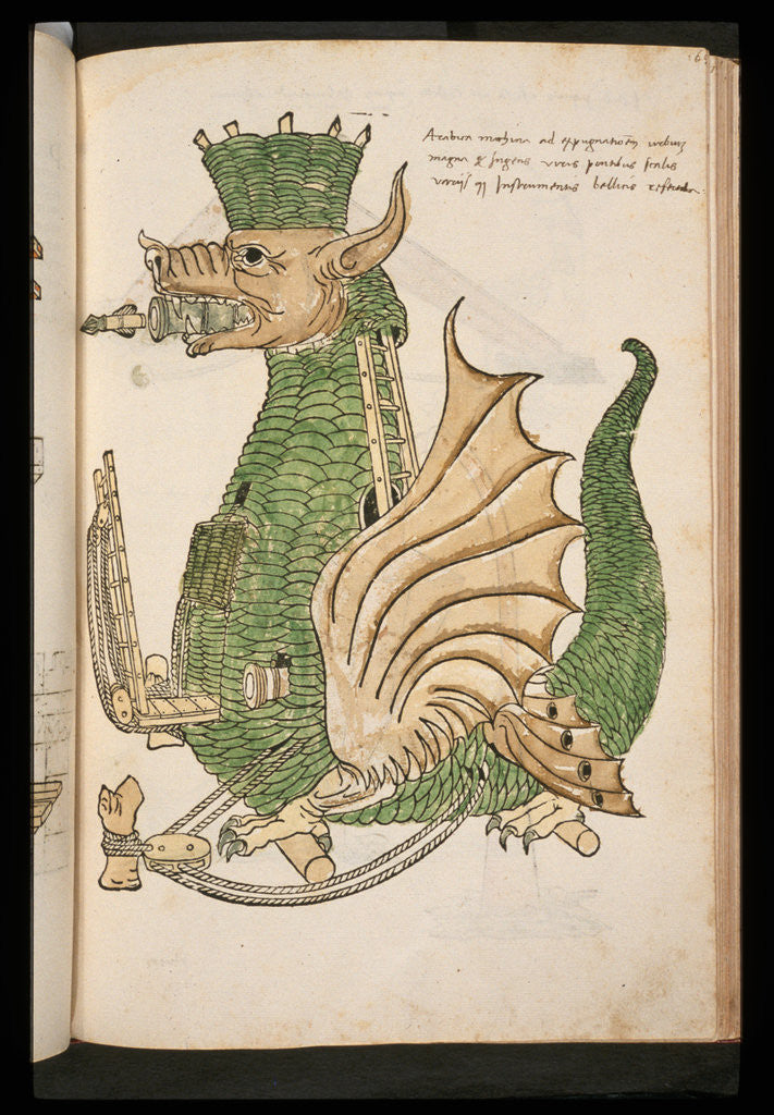 Detail of 15th-Century Illustration of a Siege Machine in the Shape of a Dragon by Anonymous