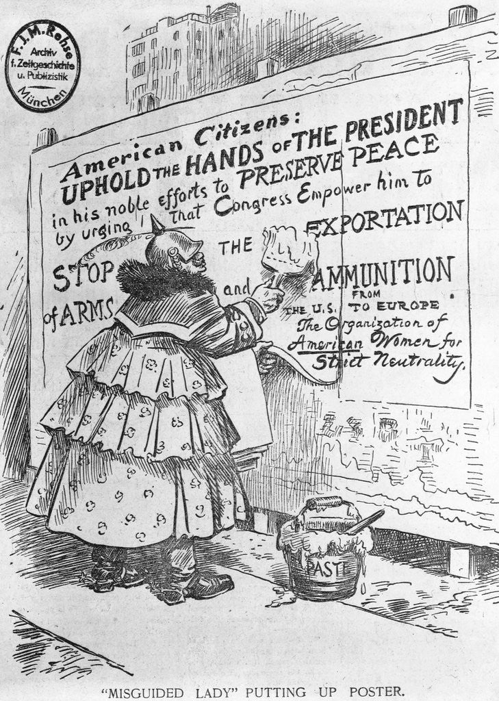 Detail of Misguided Lady Putting Up Poster Political Cartoon by Anonymous