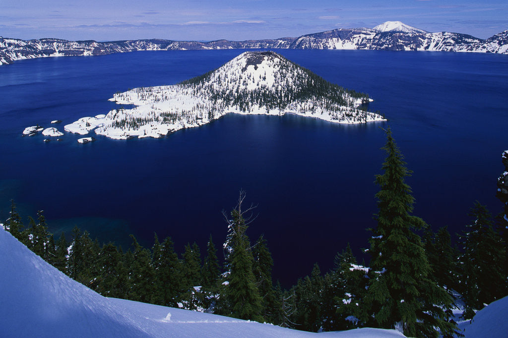 Detail of Snow Covered Wizard Island on Crater Lake by Anonymous
