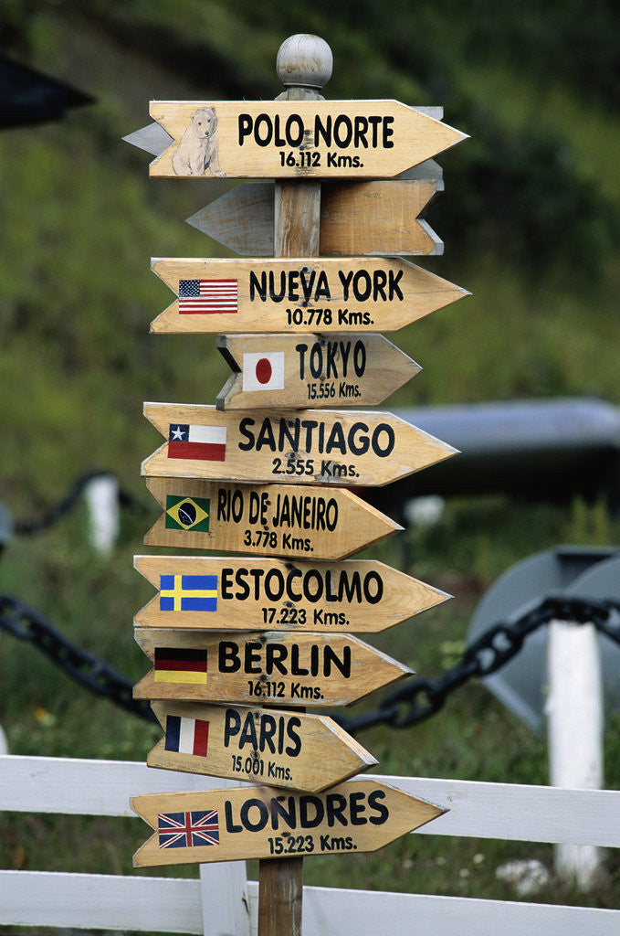 Detail of Mileage Sign Pointing Directions in Puerto Williams by Anonymous