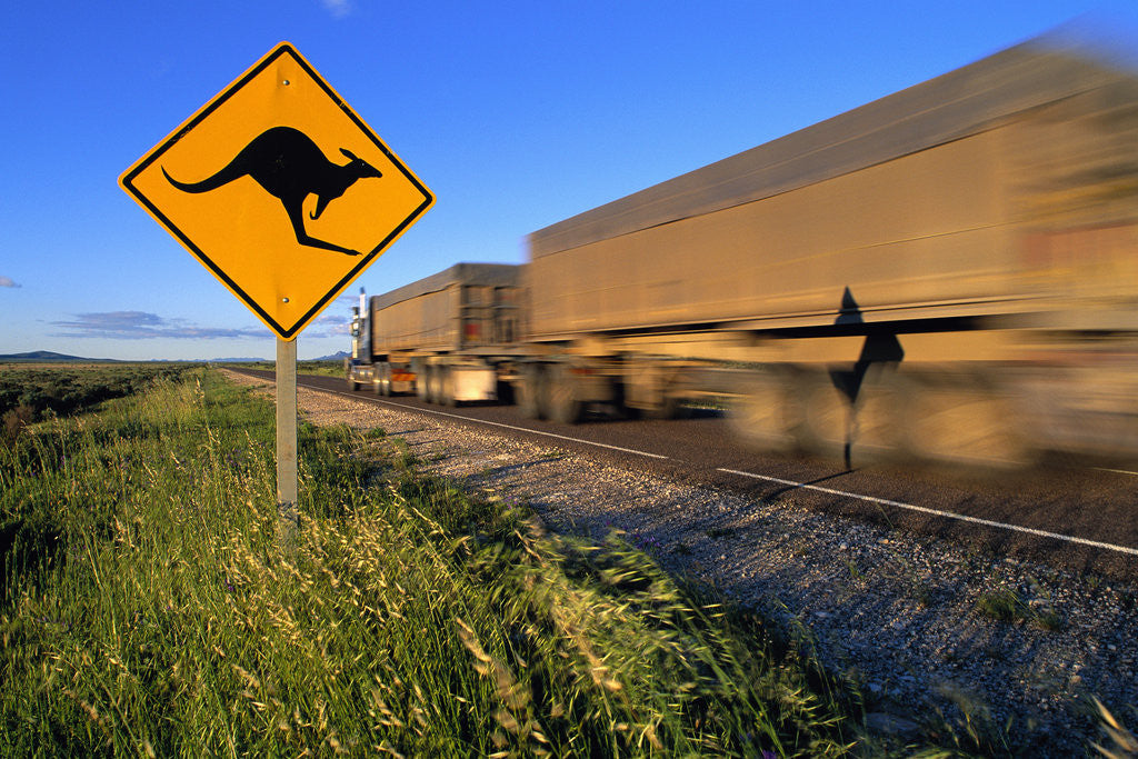 Detail of Semi Truck Speeding by Kangaroo Crossing Sign by Corbis