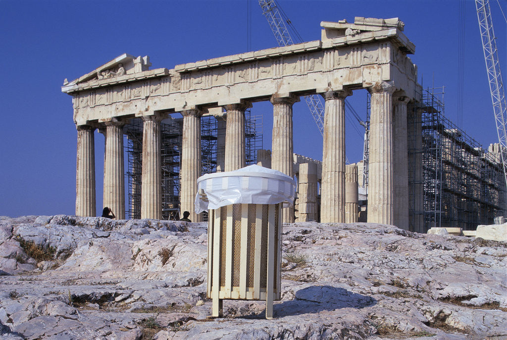 Detail of Trash Can in Front of the Parthenon by Corbis