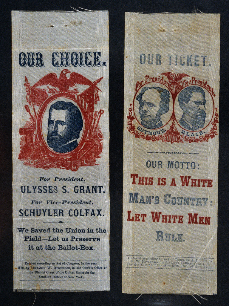 Detail of Patriotic and Racist Seymore-Blair 1868 Campaign Ribbons by Anonymous