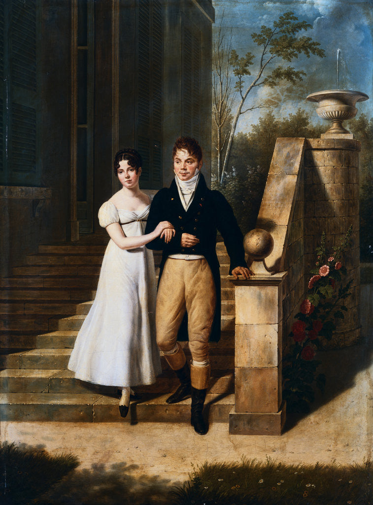 Detail of Portrait of a Lady and a Gentleman on the Steps of a Chateau by Anthelme Francoise Lagrenee