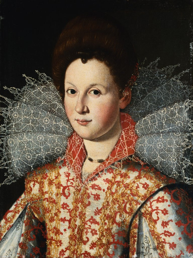 Detail of Portrait of a Lady, Bust Length, Wearing an Embroidered Dress with Lace Ruff Collar by Studio of Santi di Tito