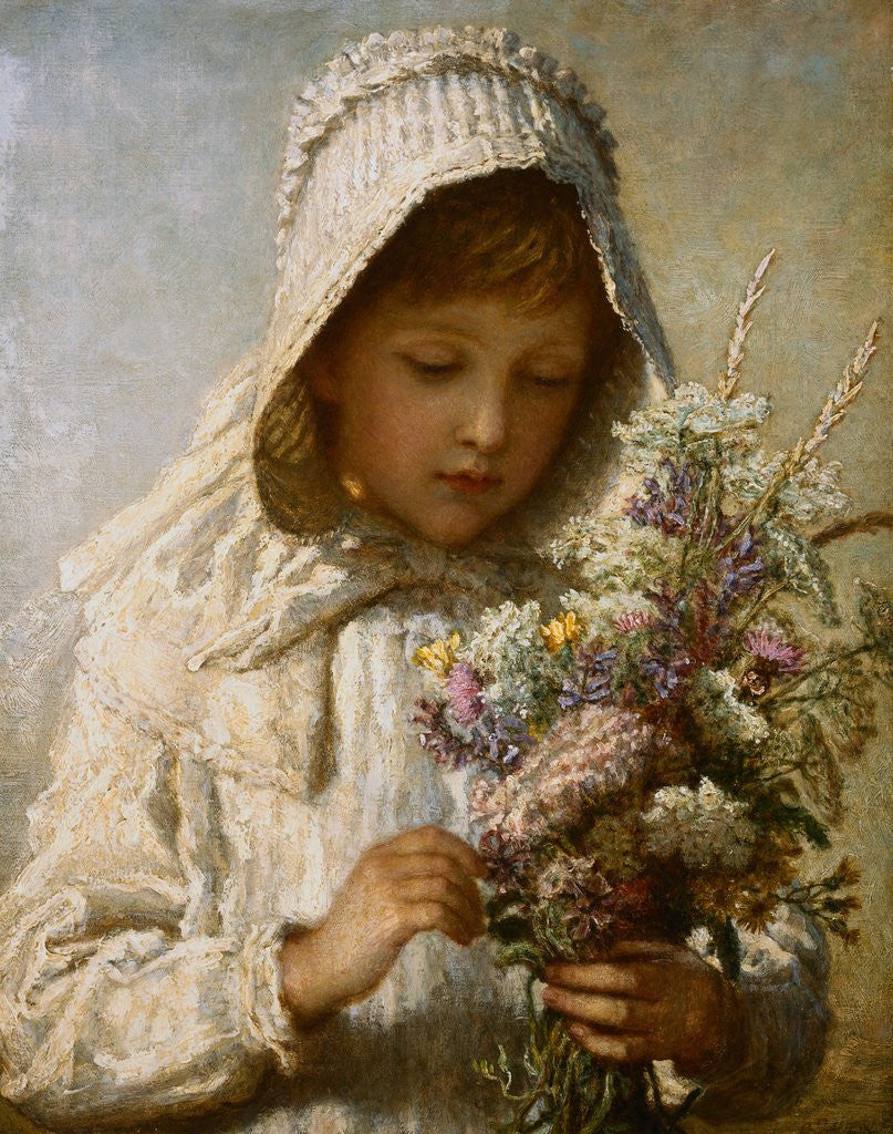 Detail of The Month of September: A Young Girl in White Holding a Bunch of Flowers by Carl Wilhelm Friedrich Baurerle