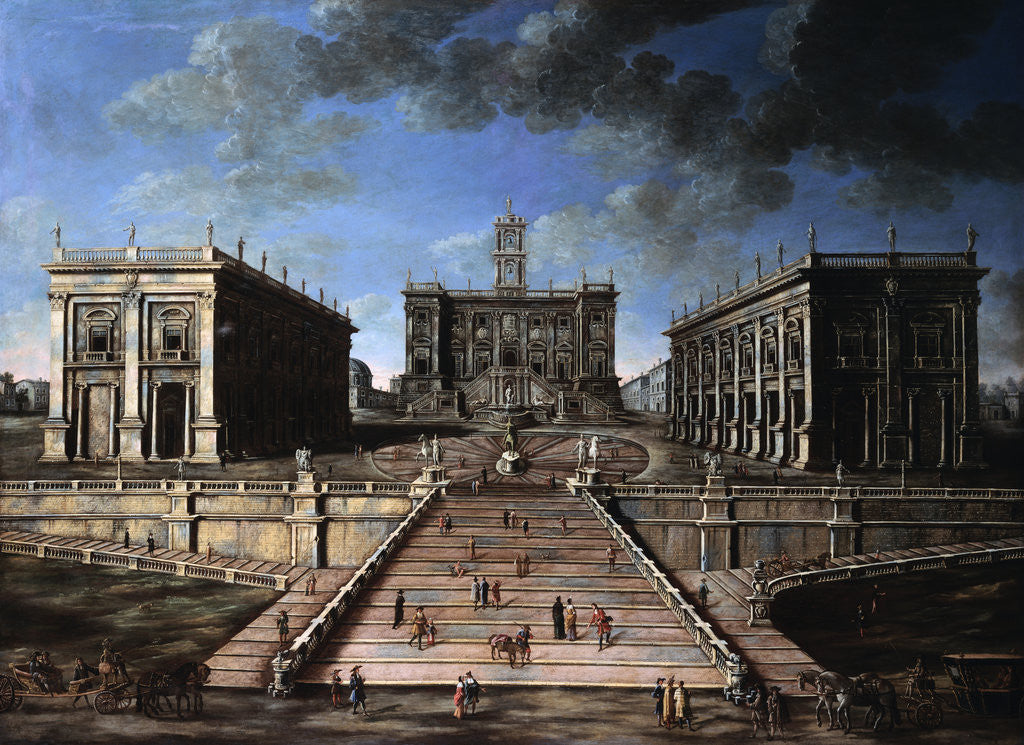 Detail of A View of the Piazza del Campidoglio and the Cordonata, Rome, with Coaches and Townsfolk in the Foreground by Corbis