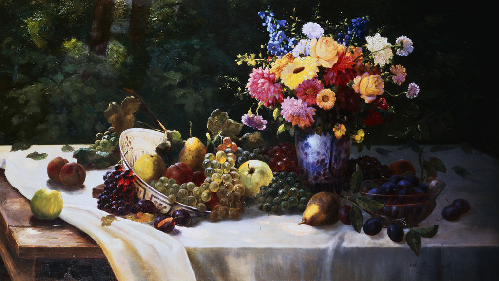 Detail of A Bowl of Grapes, Apples and Other Fruit with a Vase of Summer Flowers on a Draped Table by Adam Burghardt