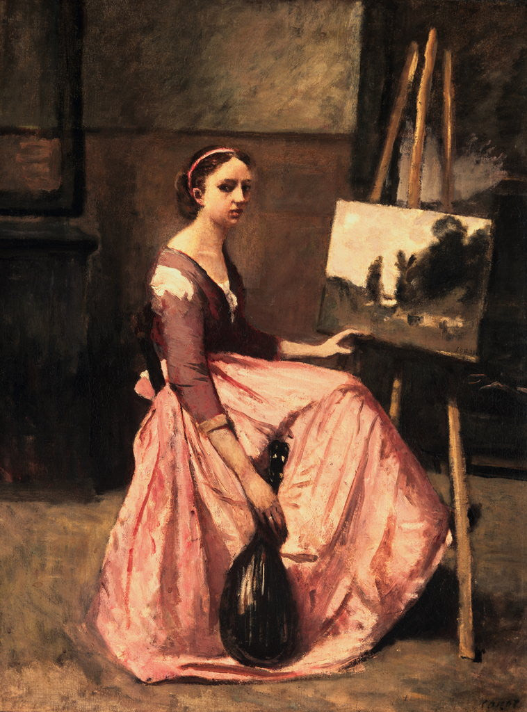 Detail of L'Atelier de Corot (Jeune Femme en Robe Rose, Assise Devant un Chevalet et Tenait Une Mandoline) by Jean-Baptiste Camille Corot