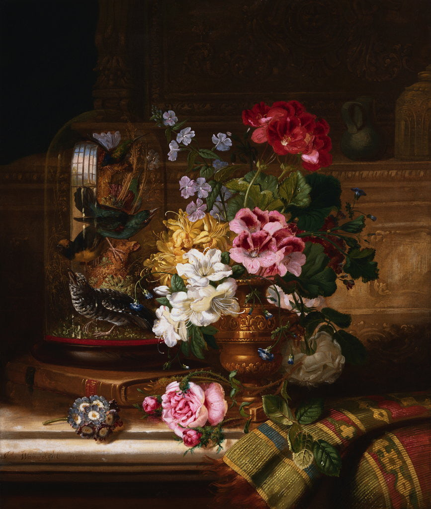 Detail of A Vase of Assorted Flowers and Songbirds on a Ledge by William John Wainwright