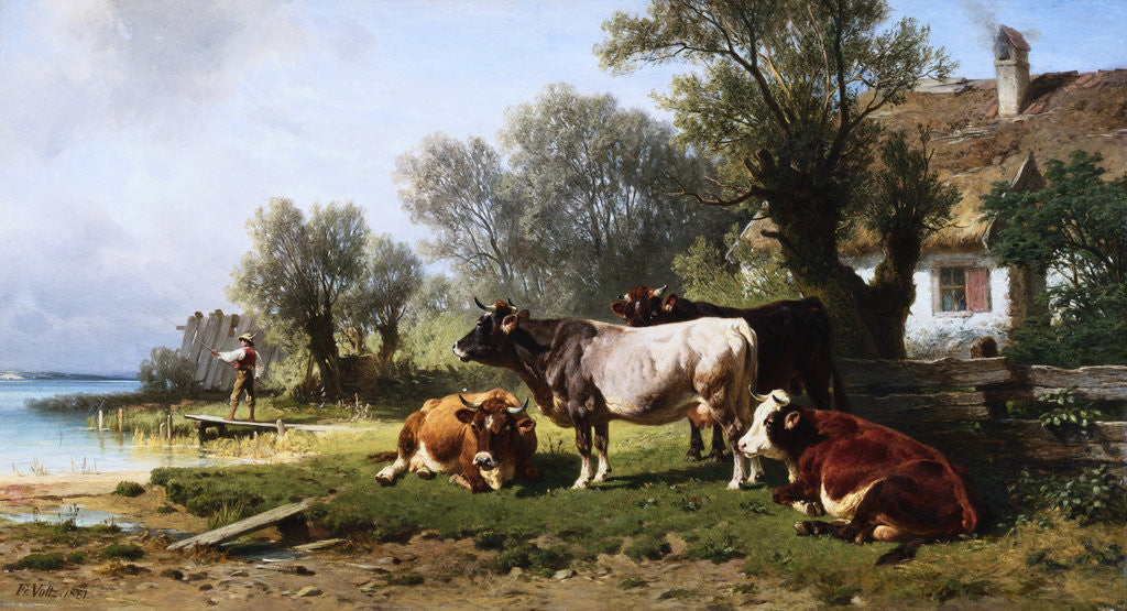 Detail of Cattle in a Farmyard Along a River with a Fisherman Beyond by Friedrich Johann Voltz