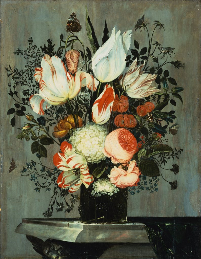Detail of Tulips, Roses, Turk Caps, and Other Flowers in a Glass on a Table by Helen Roouers