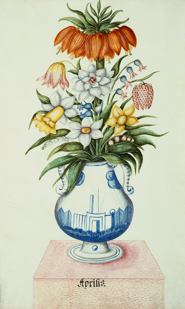Detail of 17th Century German Watercolor entitled The Months: Flowers in a Pottery Vase: April: A Crown Imperial, Narcissi, Fritillaries and Lilies of the Valley by Anonymous