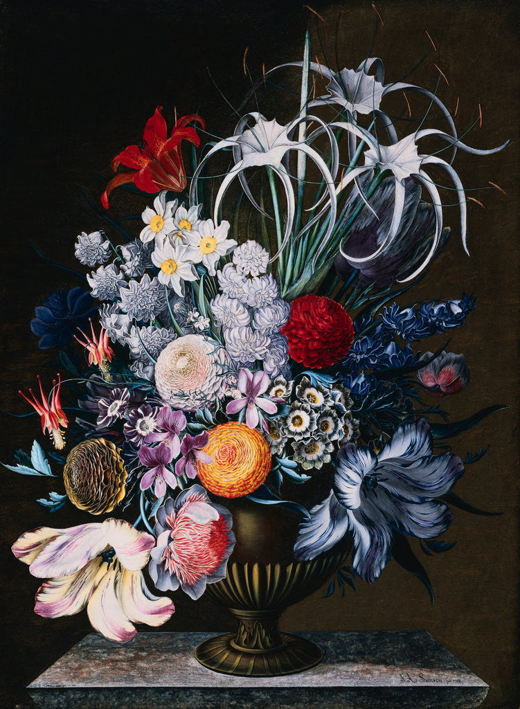 Detail of An Arrangement of Tulips, Narcissi, Auriculas, Poppies, Lilies, Columbines, Ranunculas, and Other Flowers in a Vase by J.A. Simson