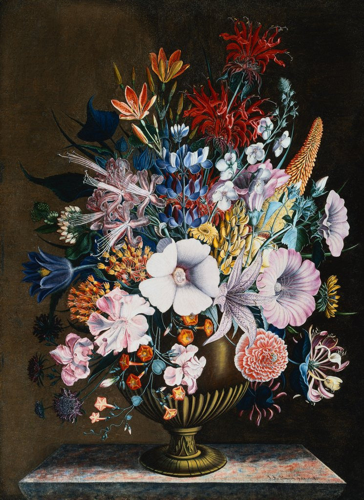 Detail of An Arrangement of Honeysuckle, Yellow Lupin, Lilies, Scabius and Other Flowers in a Vase by J.A. Simson