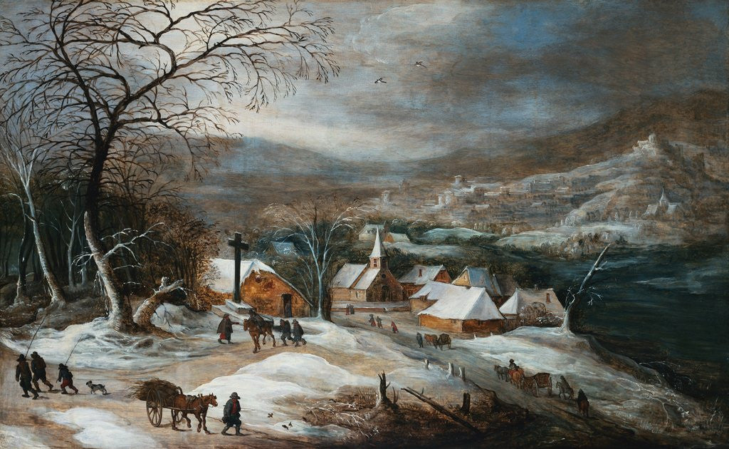 Detail of A Winter Landscape with Figures on a Road by a Village by Joos de Momper the Younger