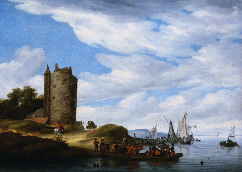 Detail of A River Landscape with a Ferryboat and Other Shipping, and Travellers on a Path by a Tower by Salomon van Ruysdael