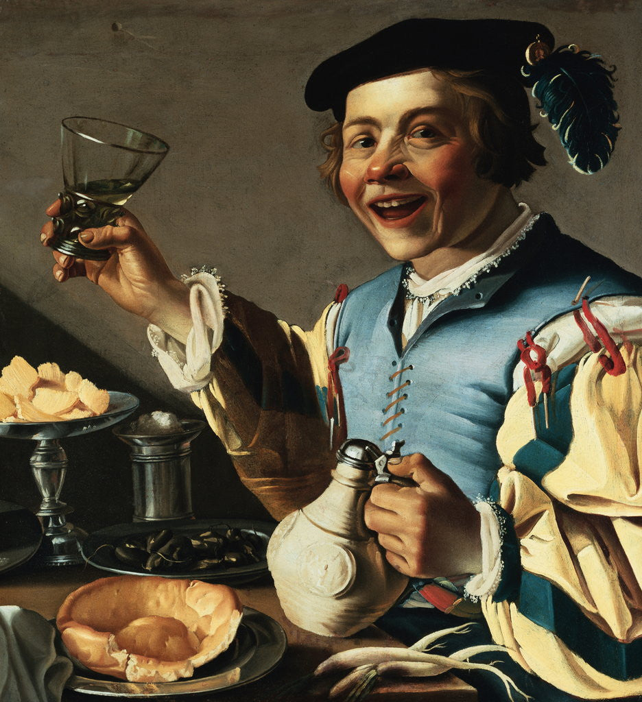 Detail of A Laughing Boy Holding a Jug and a Glass of Wine by Christiaan van Couwenbergh