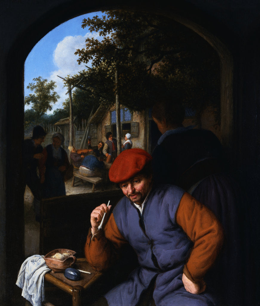 Detail of A Man with a Clay Pipe, a Serving Woman and Other Peasants in the Courtyard of a Country Tavern by Adriaen Jansz van Ostade
