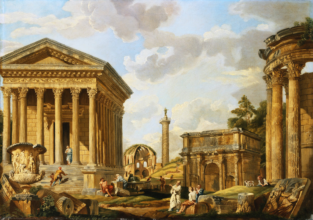 Detail of Capricci of Classical Ruins with the Arch of Septimus Severus, Trajan's Column and the Maison Carree, with Philosophers Discoursing and Figures Strolling by School of Giovanni Paolo Panini