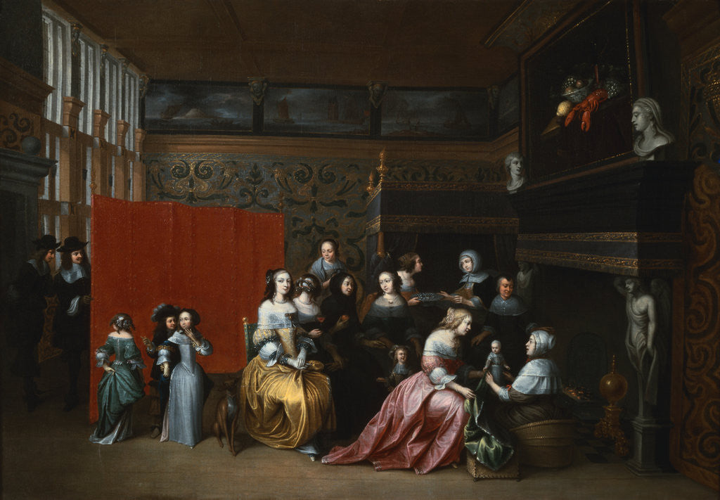 Detail of Ladies Celebrating the Birth of a Child in an Elegant Boudoir, with Two Gentlemen Looking on from Behind a Screen by Hieronymous Janssens