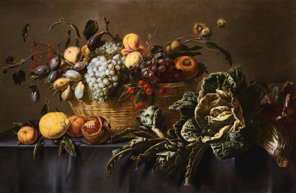 Detail of Grapes, Plums and Other Fruits and Nuts in a Wicker Basket with Vegetables on a Draped Table by Adriaen van Utrecht