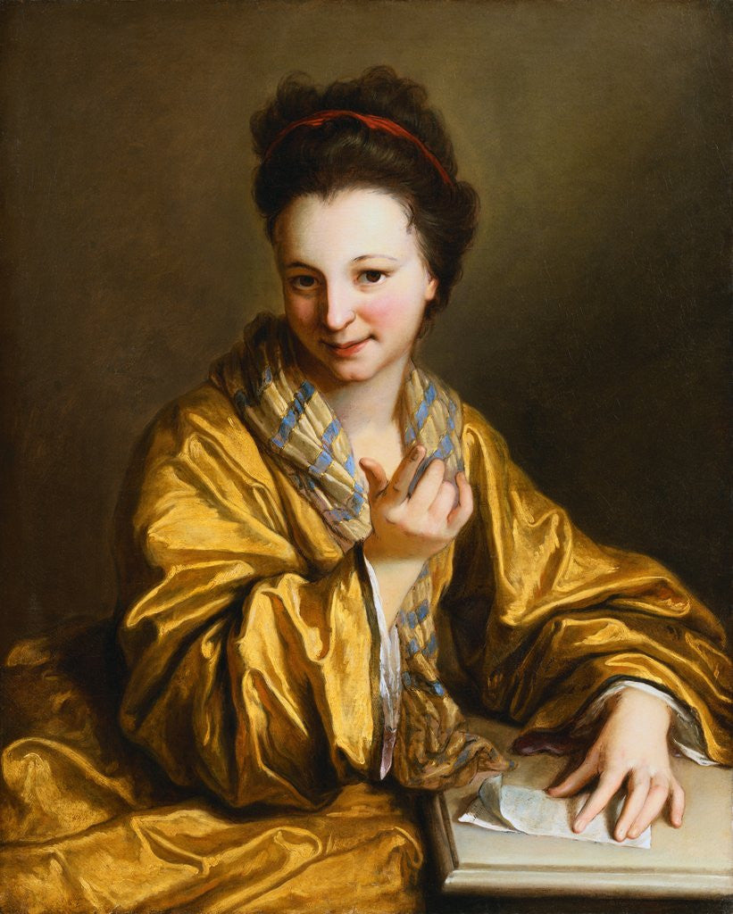Detail of A Young Lady, Wearing a Yellow Robe, Seated at a Table, Beckoning by Jean-Baptiste Santerre