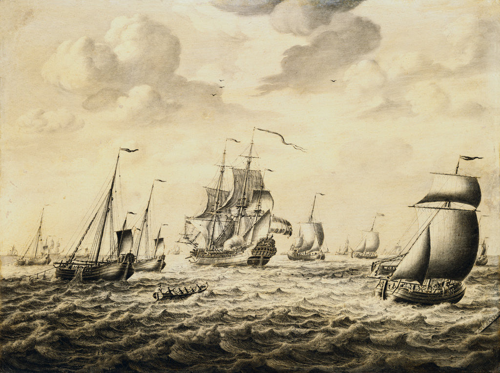 Detail of A Dutch Man-of-War Firing a Salute, with a Flotilla of Fishing Boats and Other Shipping Beyond - a Penschilderij by Abraham van Salm