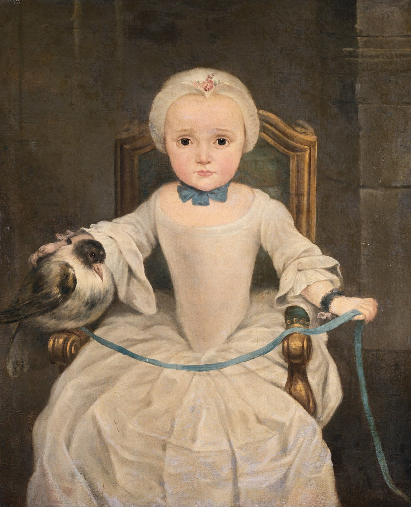 Detail of A Young Girl Seated Wearing an Ivory Dress and Bonnet with Her Tame Pigeon Resting on the Arm of Her Chair Secured with a Blue Ribbon by Circle of Christian Lindner