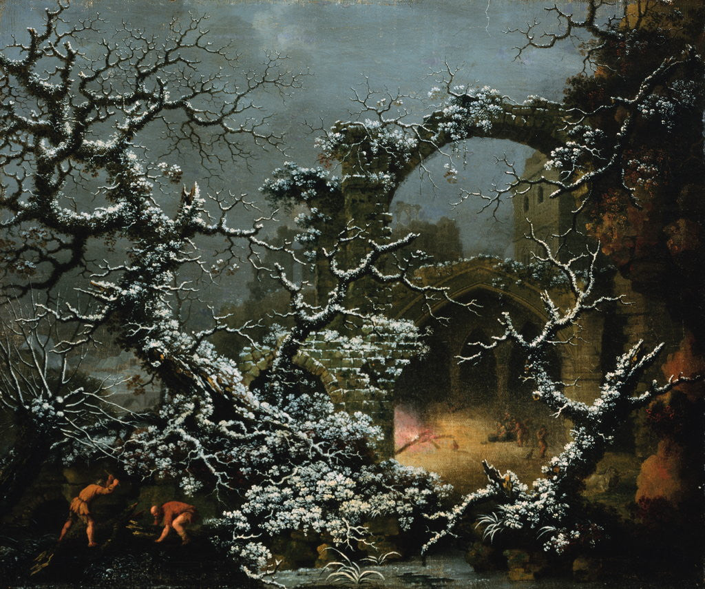 Detail of A Snowy Winter Landscape with Woodcutters and Figures Before a Bonfire in a Gothic Ruin by Jules Cesar Denis van Loo