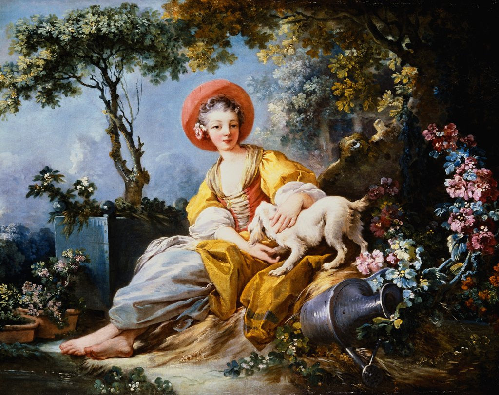 Detail of A Young Woman Seated with a Dog and a Watering Can in a Garden by Jean-Honore Fragonard